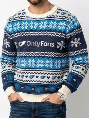 ONLY FANS Festive Holiday Scandinavian Snowflake Sweater Blue White